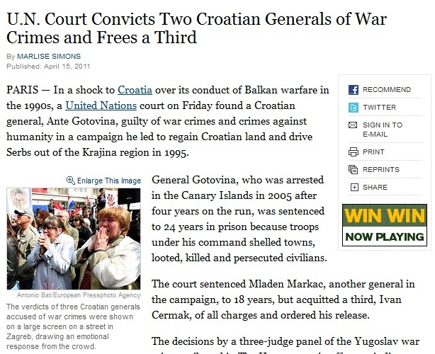 NYT o presudi hrvatskim generalima