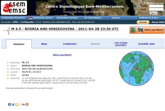 Zemljotres u Banjaluci 29.april 2011