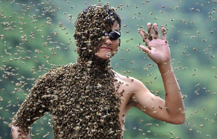 čovjek pokriven pčelama