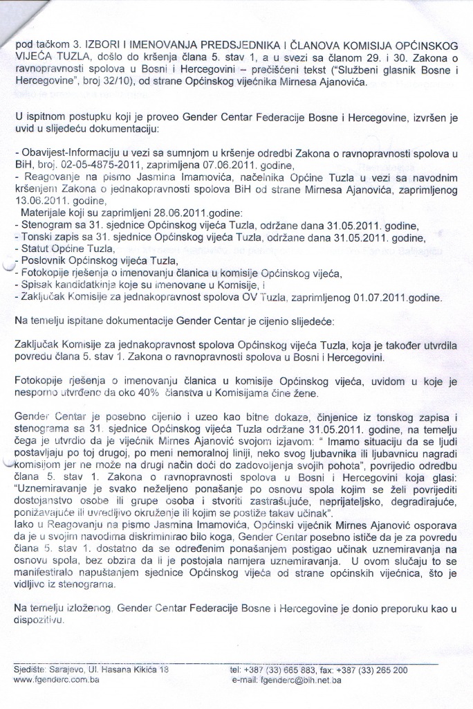Preporuka Gender Centra Federacije Bosne i Hercegovine -Opcini Tuzla Preporuka Gender Centra Federacije Bosne i Hercegovine -Opcini Tuzla