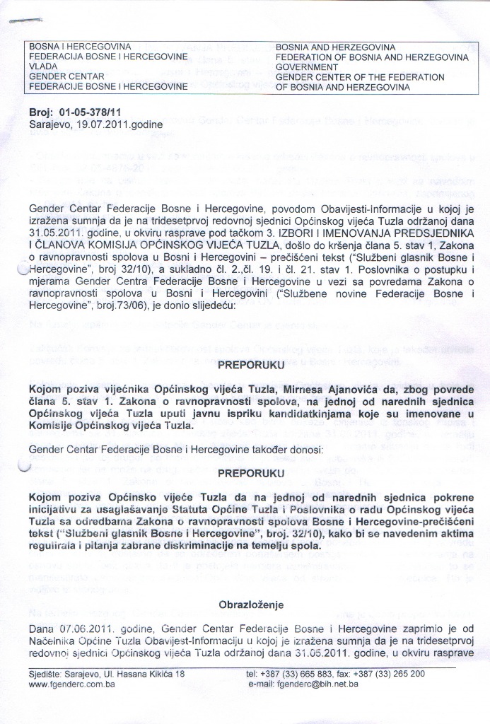 Preporuka Gender Centra Federacije Bosne i Hercegovine -Opcini Tuzla Preporuka Gender Centra Federacije Bosne i Hercegovine -Opcini Tuzla