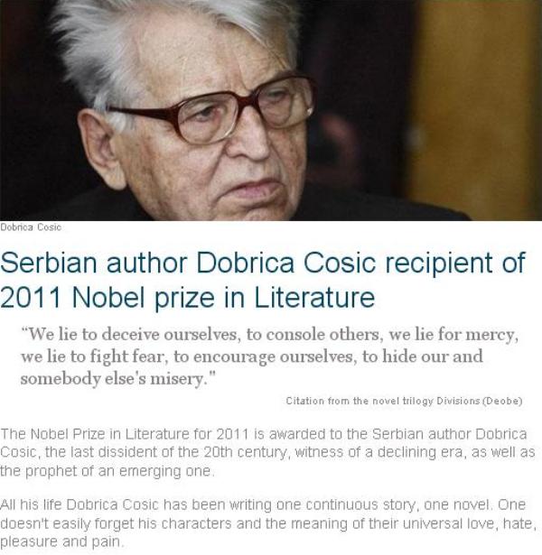 Dobrica Ćosić, lažna vijest o Nobelovoj nagradi