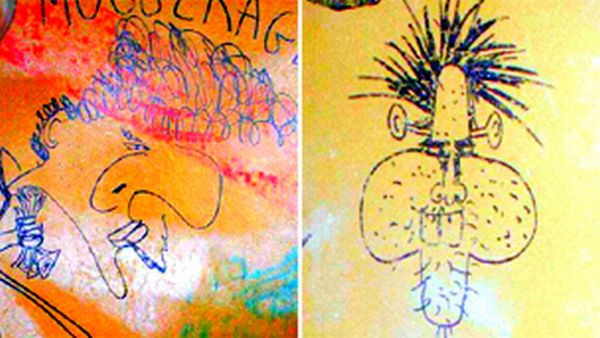 Većina crtarija pripisuje se pjevaču benda Johnnyju Rottenu, a čini ih osam crteža na kojima prikazuje sebe i druge članove sastava, ali i menadžera Malcoma McLarena, te druge suradnike benda; foto: Bbc.co.uk Većina crtarija pripisuje se pjevaču benda Johnnyju Rottenu, a čini ih osam crteža na kojima prikazuje sebe i druge članove sastava, ali i menadžera Malcoma McLarena, te druge suradnike benda; foto: Bbc.co.uk