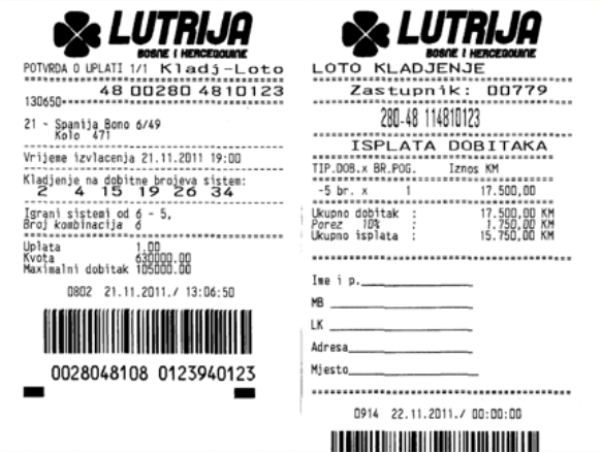 Dobitni listić Lutrija BiH