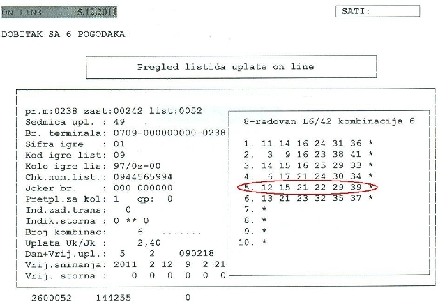 Dobitni listić Lutrija BiH loto