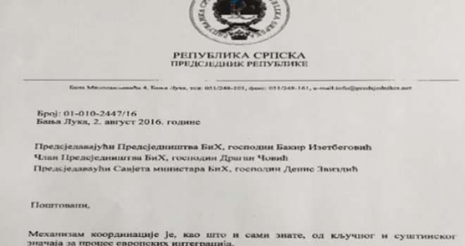 Evo šta piše u Dodikovom pismu Čoviću i Izetbegoviću