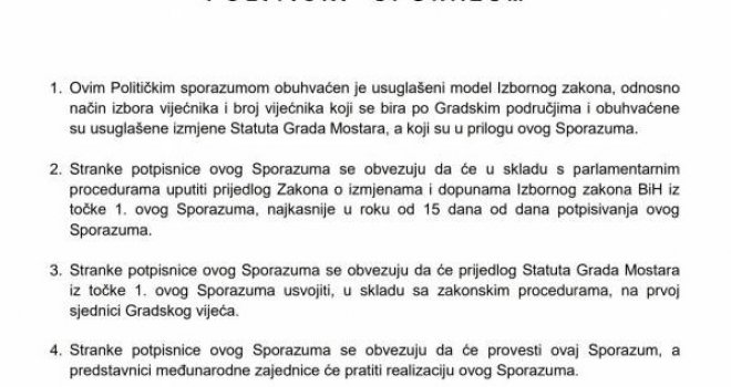 Pročitajte Sporazum o Mostaru koji su potpisali SDA i HDZ