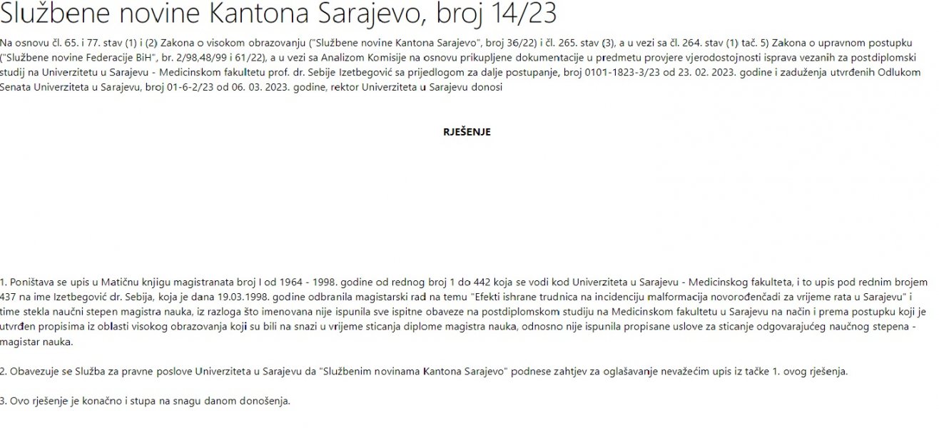 sluzbene-novine-ponistenje-magisterije-sebije-izetbegovic